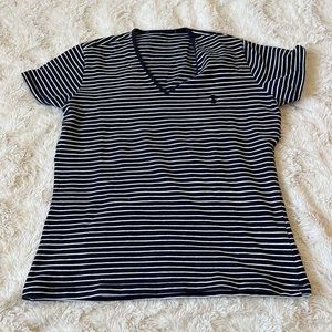 POLO by Ralph Lauren Blue White  Striped Stretchy Rounded V-neck T-shirt Size XS